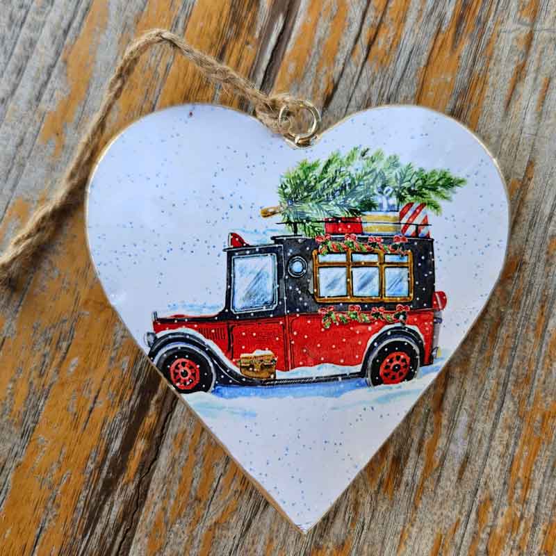 Christmas Metal Heart Ornament - Festive Truck