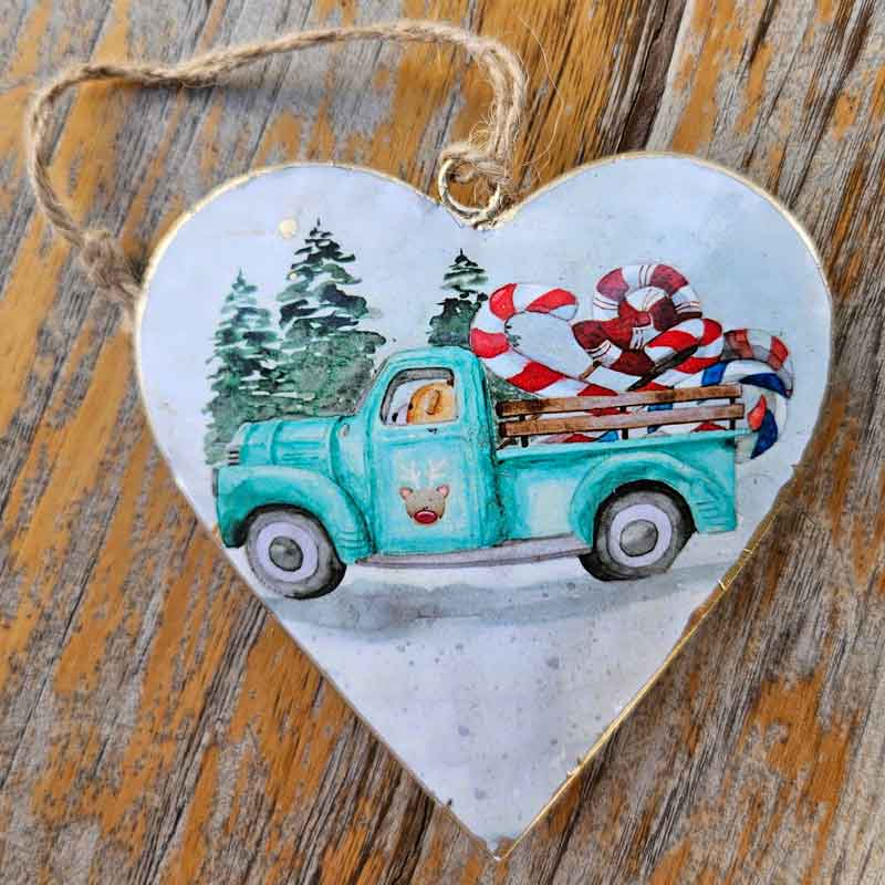 Christmas Metal Heart Ornament - Festive Truck With Candy Canes