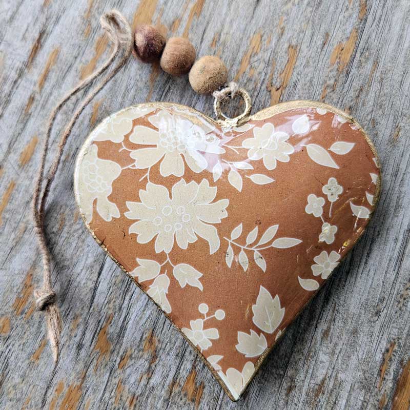 Hanging Metal Beaded Heart - Floral Tan