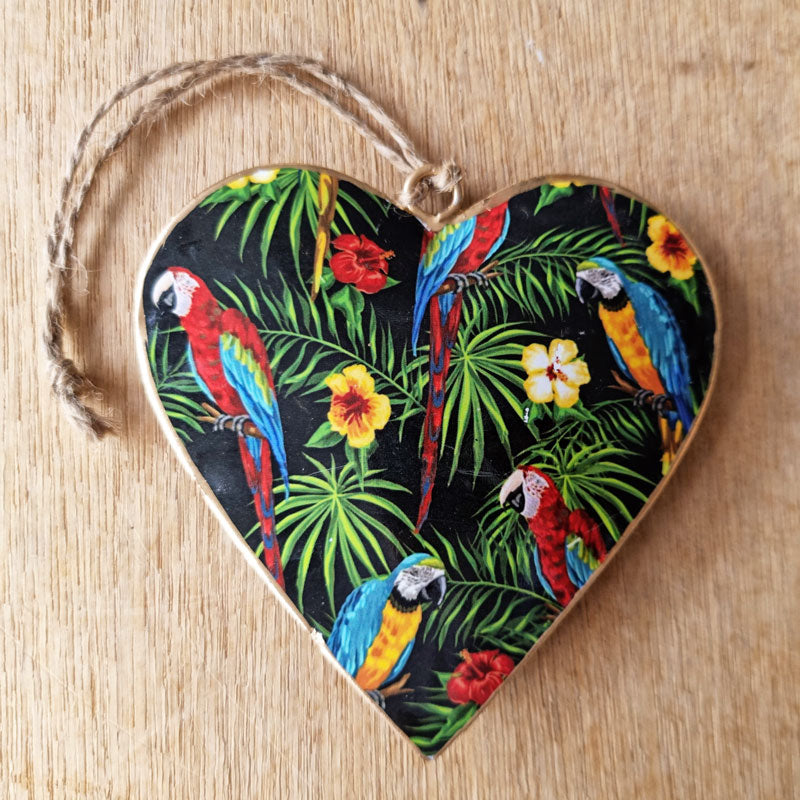 Colourful Parrots Metal Heart Ornament