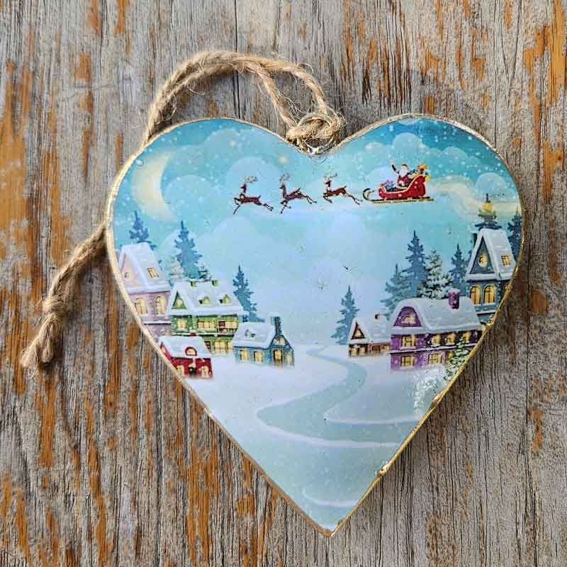 Christmas Metal Heart Ornament - House Design Light Blue