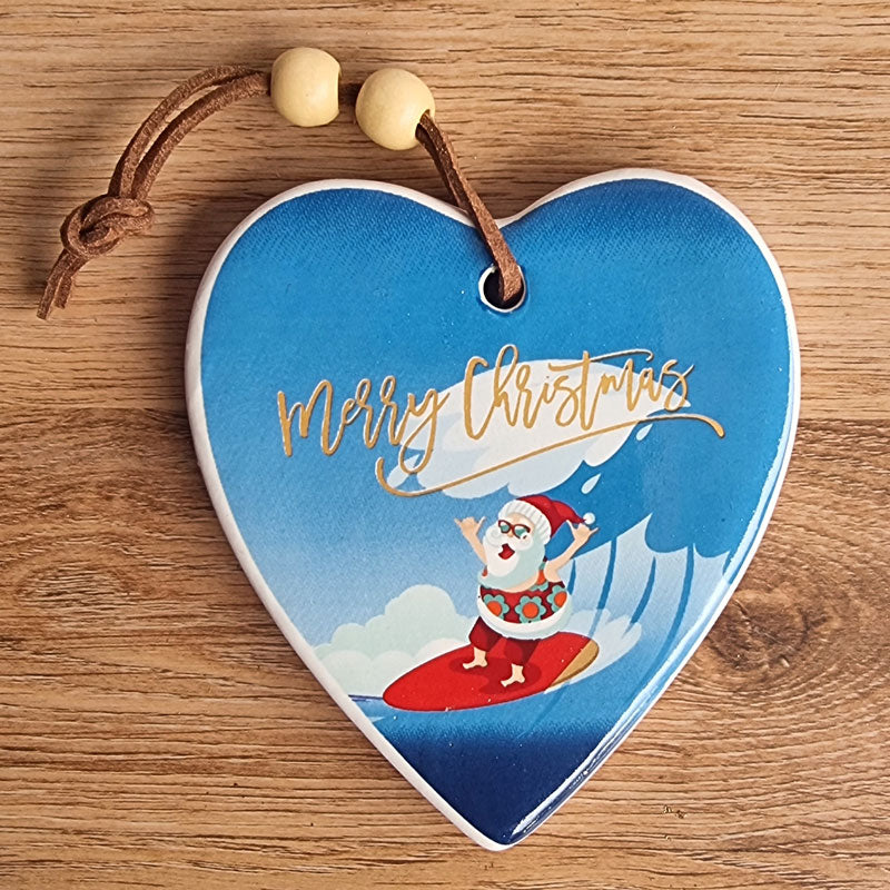 Surfing Wave Santa Merry Christmas Hanging Heart Ornament