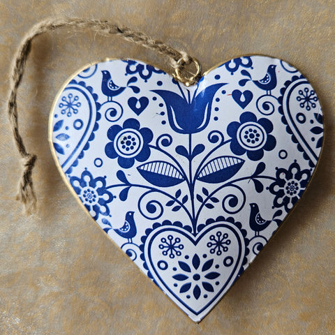 Vintage Blue Flowers Metal Heart Ornament