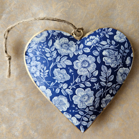 Vintage Blue Floral Metal Heart Ornament