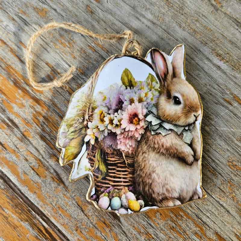 Vintage Metal Hanging Rabbit With Floral Basket