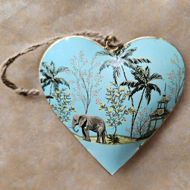 Elephant Design Hanging Metal Heart Ornament - Aqua Blue