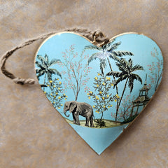 Elephant Design Hanging Metal Heart Ornament - Aqua Blue