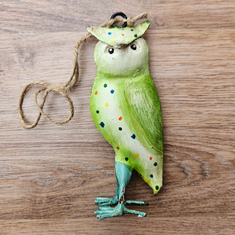 Handmade Metal Owl Hanging Ornament - Green