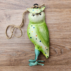 Handmade Metal Owl Hanging Ornament - Green