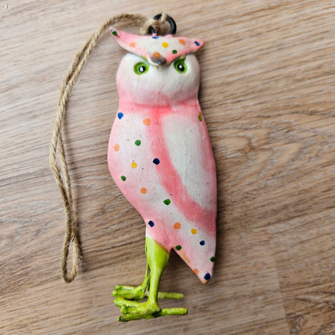 Handmade Metal Owl Hanging Ornament - Pink