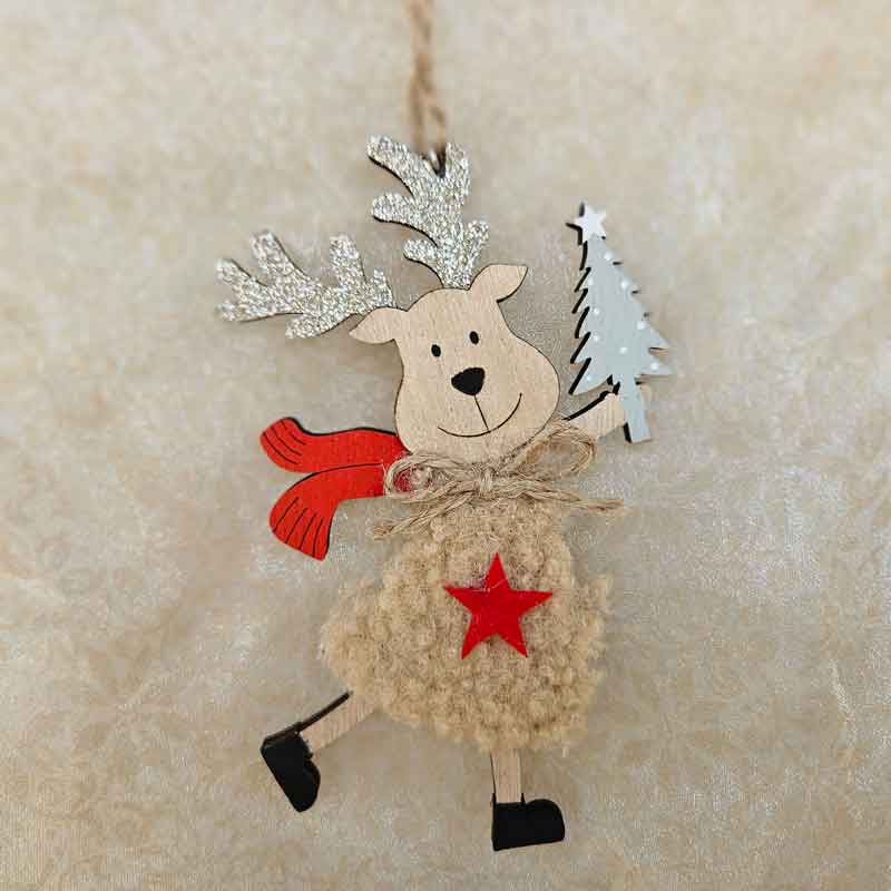 Fluffy Reindeer Christmas Ornament Holding Tree - Tan