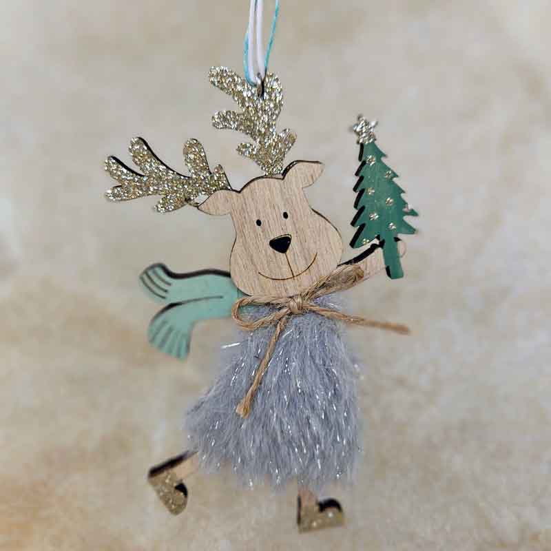 Fluffy Reindeer Christmas Ornament Holding Present - Silver