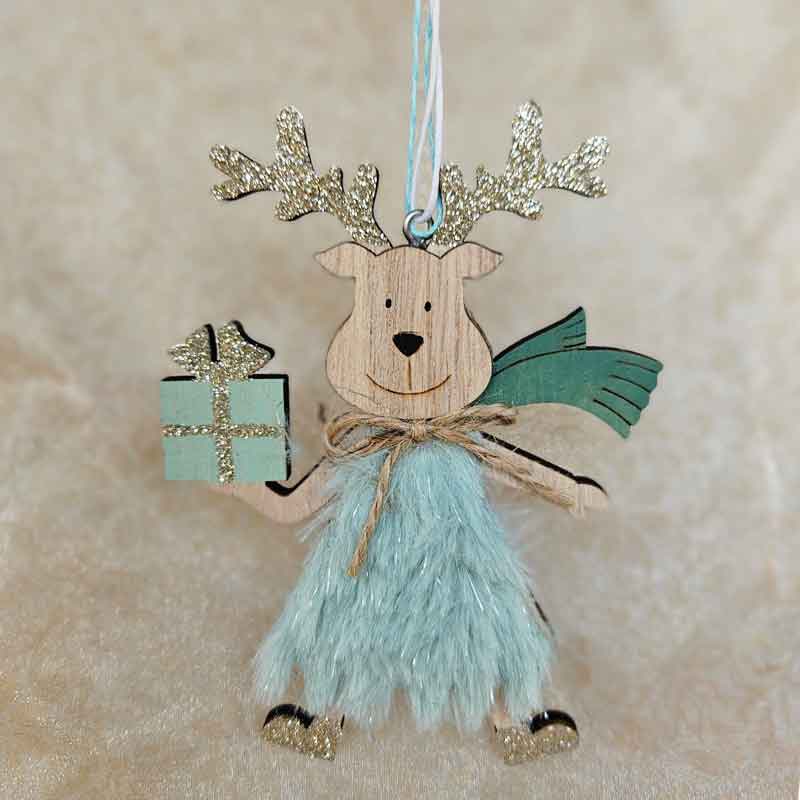 Fluffy Reindeer Christmas Ornament Holding Present - Sage