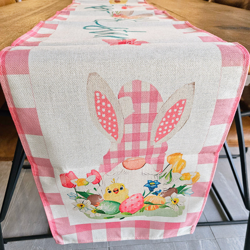 Easter Table Runner - Pink Check Bunny Gnome