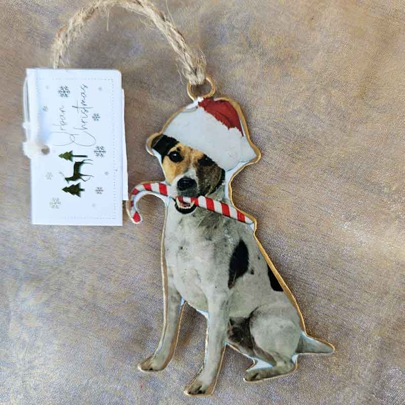 Christmas Jack Russell Hanging Ornament  - With Candy Cane