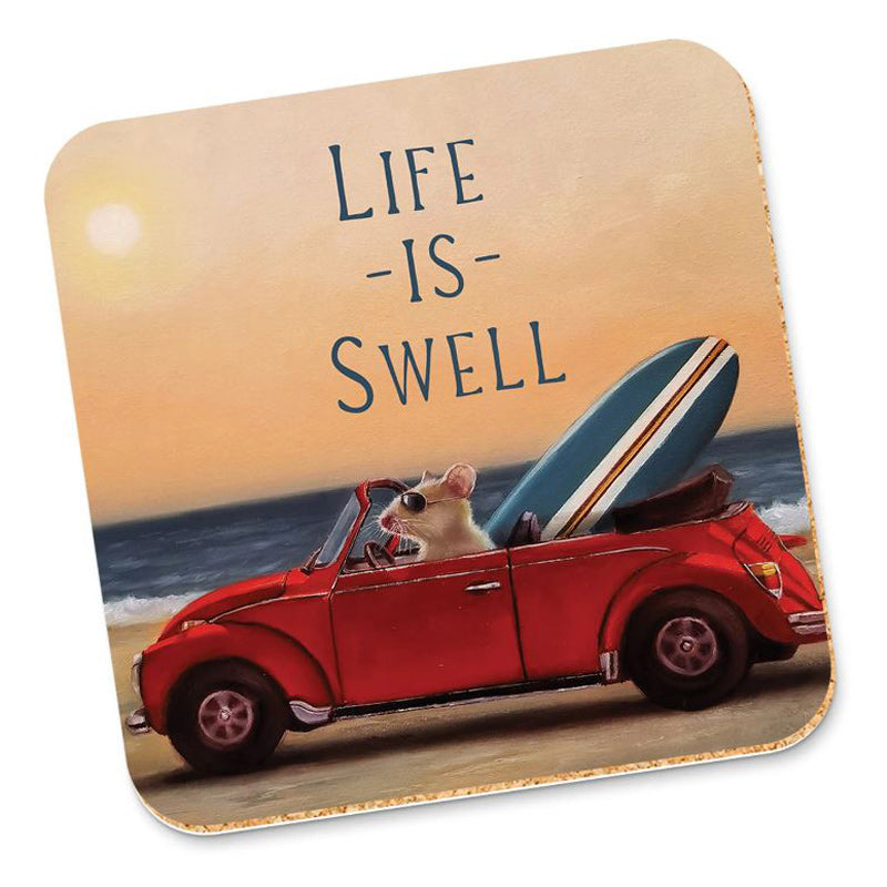 Life Is Swell Surfing Mouse Cork Backed Coaster