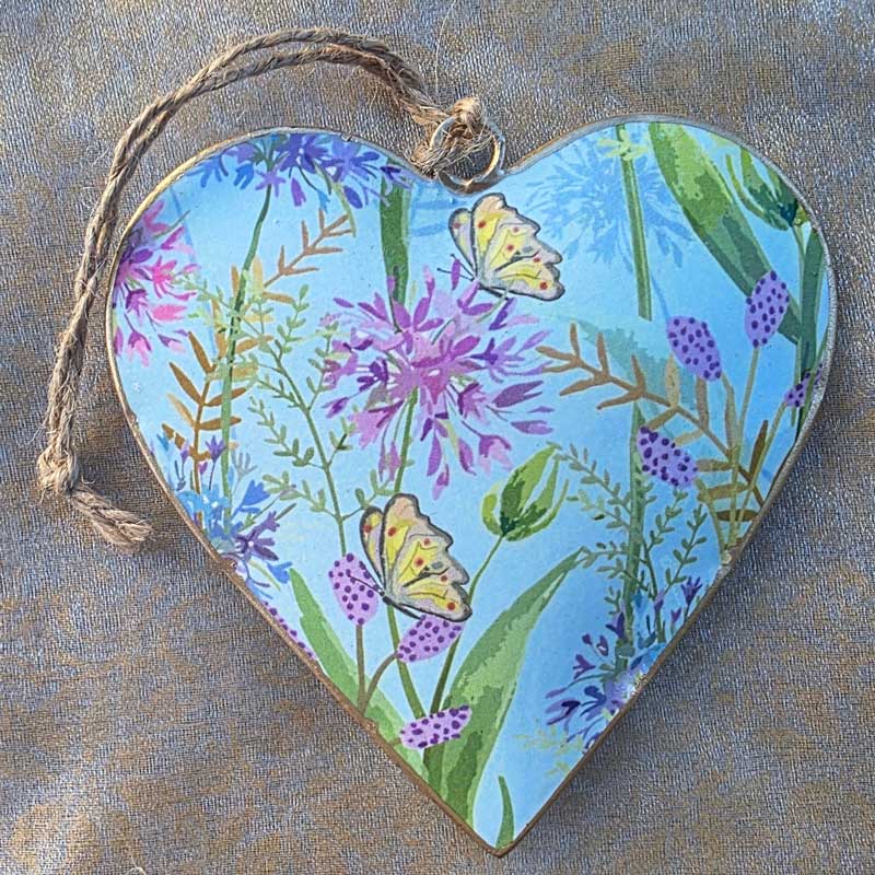 Blue Floral Heart & Butterflies Metal Heart Ornament