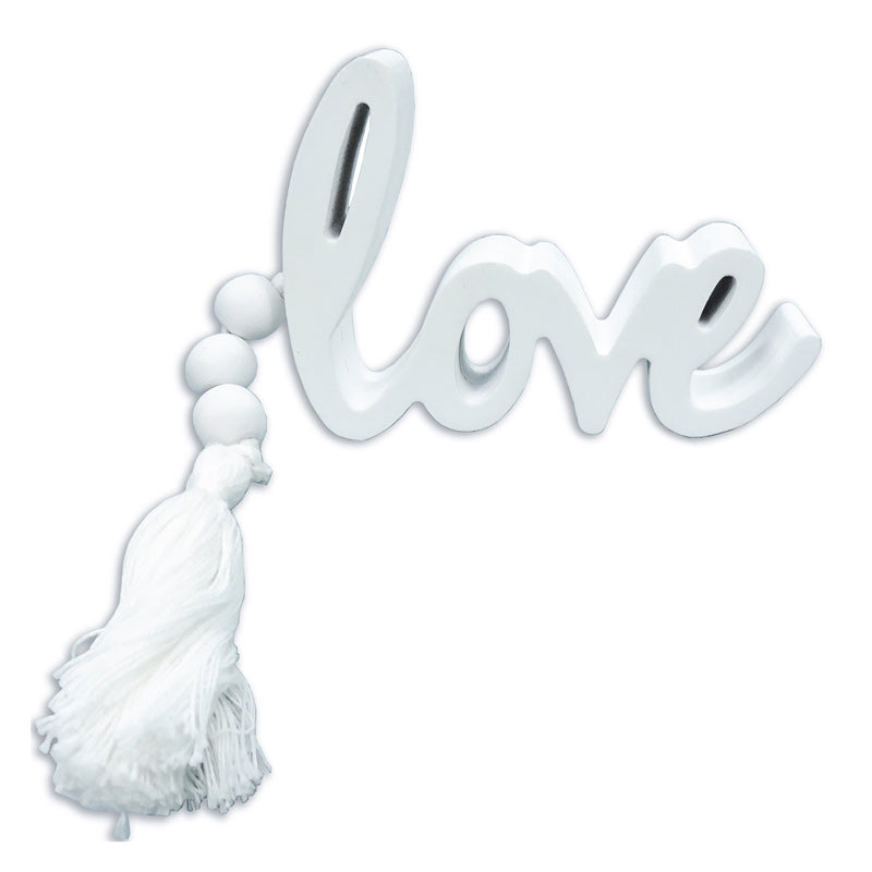 Love Wooden Word Sign With Tassel - White