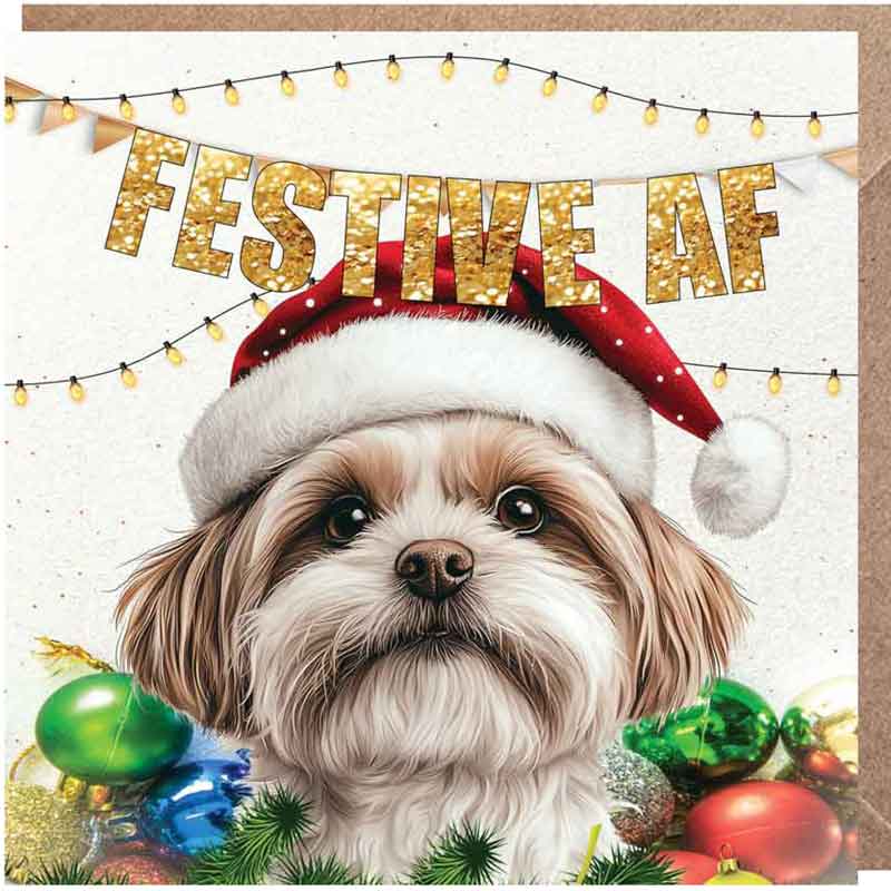 Lucy Loves Life Card - Festive AF Maltese Shih Tzu