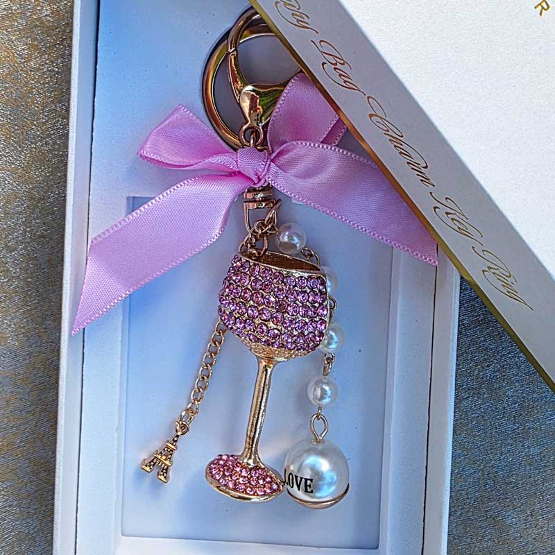 Luxury Charm Wine Glass Key Ring - Pink