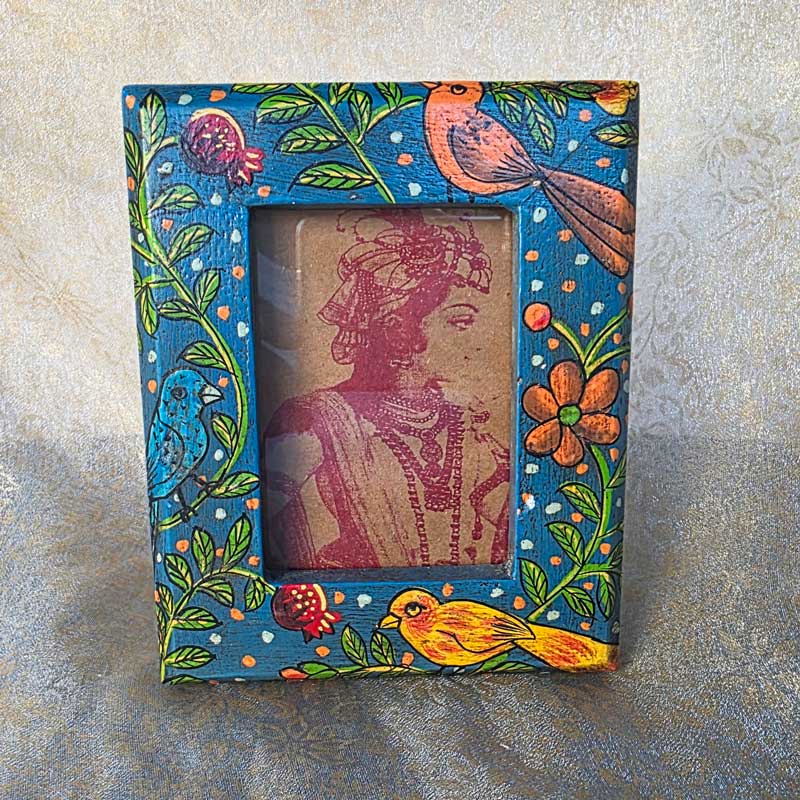 Handpainted Wooden Floral Photo Frame - Blue