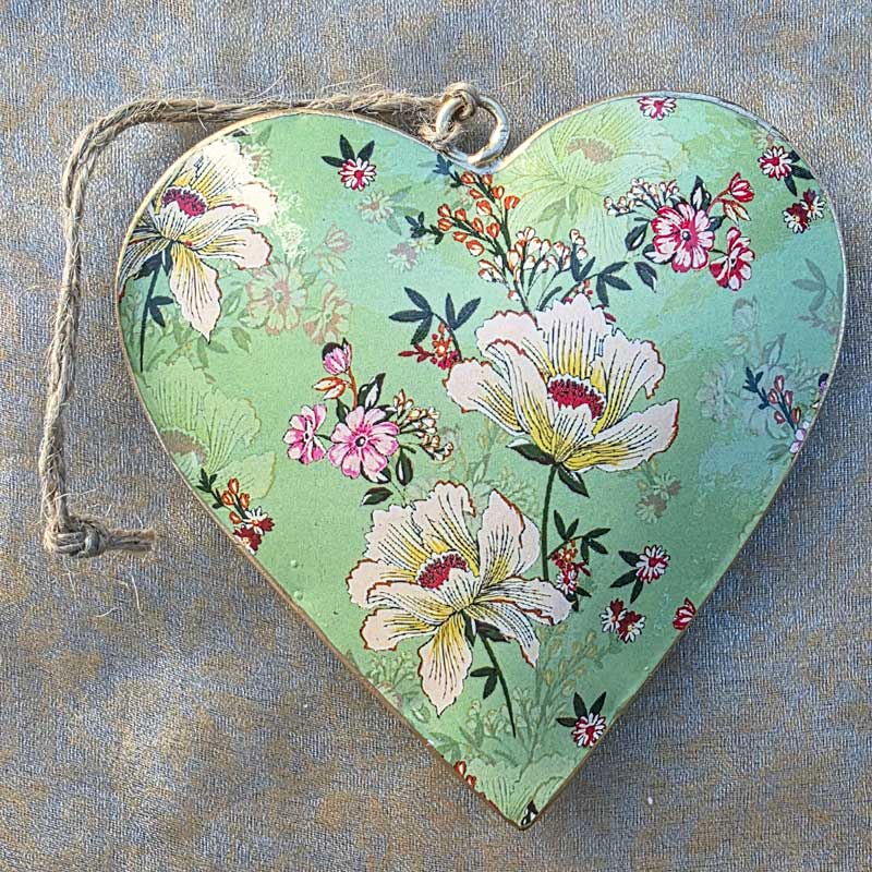 Green Floral Metal Heart Ornament