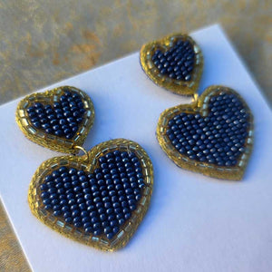 Navy & Gold Beaded Heart Earrings - Handcrafted