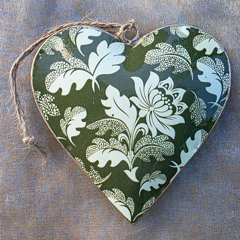 Olive Green Floral Metal Heart Ornament