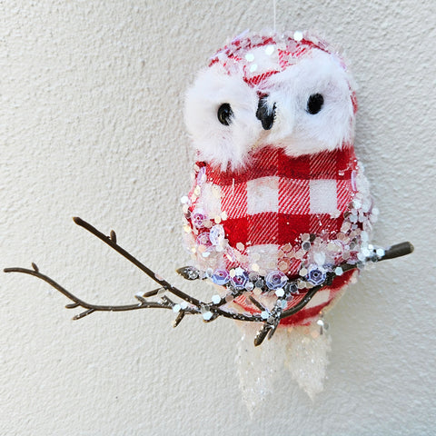 Owl Hanging Christmas Ornament - Gingham Red/White