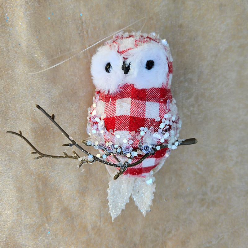 Owl Hanging Christmas Ornament - Gingham Red/White