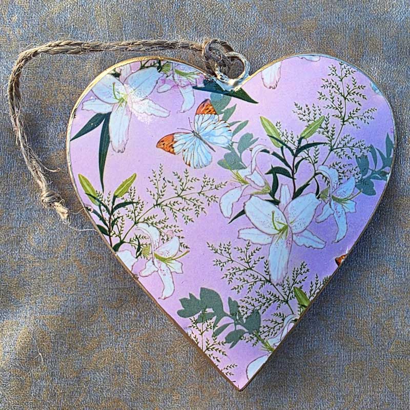 Pink Floral Heart & Butterflies Metal Heart Ornament