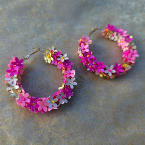 Pink Flower Hoop Earrings - Handcrafted