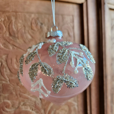 Pink Silver Leaf Drop Hanging Christmas Bauble