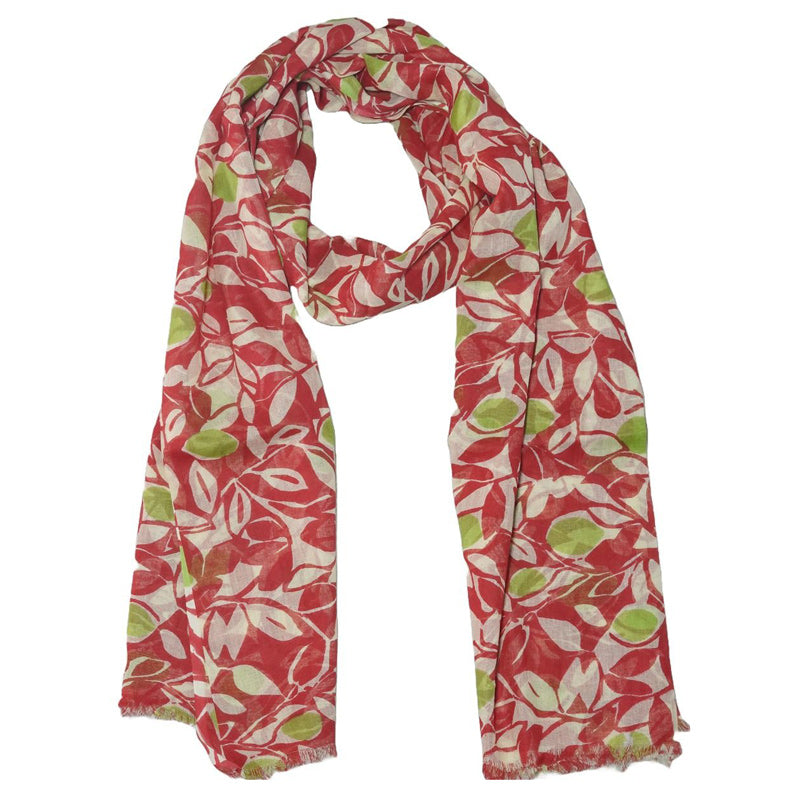 Red, Cream & Green Leaf Cotton Scarf