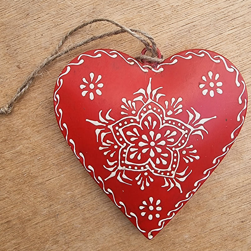 Henna Design Metal Hanging Heart Ornament - Red