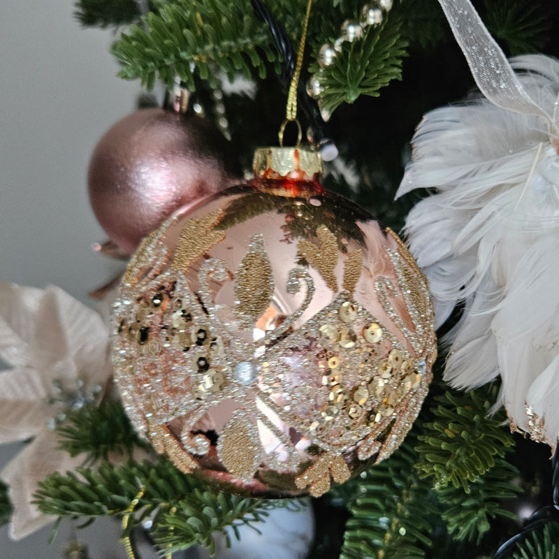 Rose Gold Sequinned Ornate Hanging Christmas Bauble