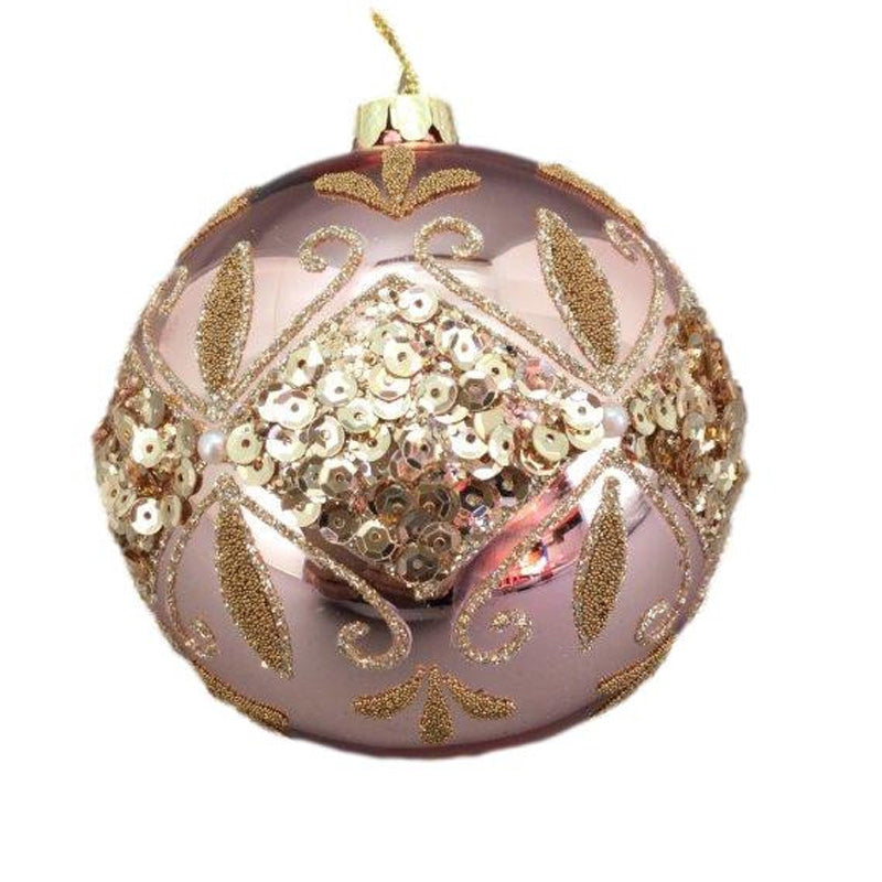 Rose Gold Sequinned Ornate Hanging Christmas Bauble
