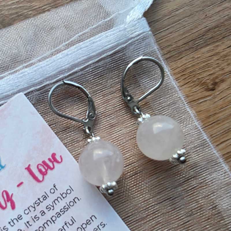 Rose Quartz Crystal Drop Earrings - Stainless Steel