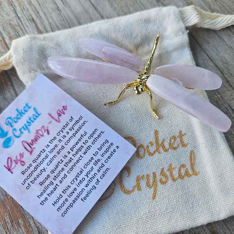 Rose Quartz Pocket Crystal Dragonfly Gold - Love