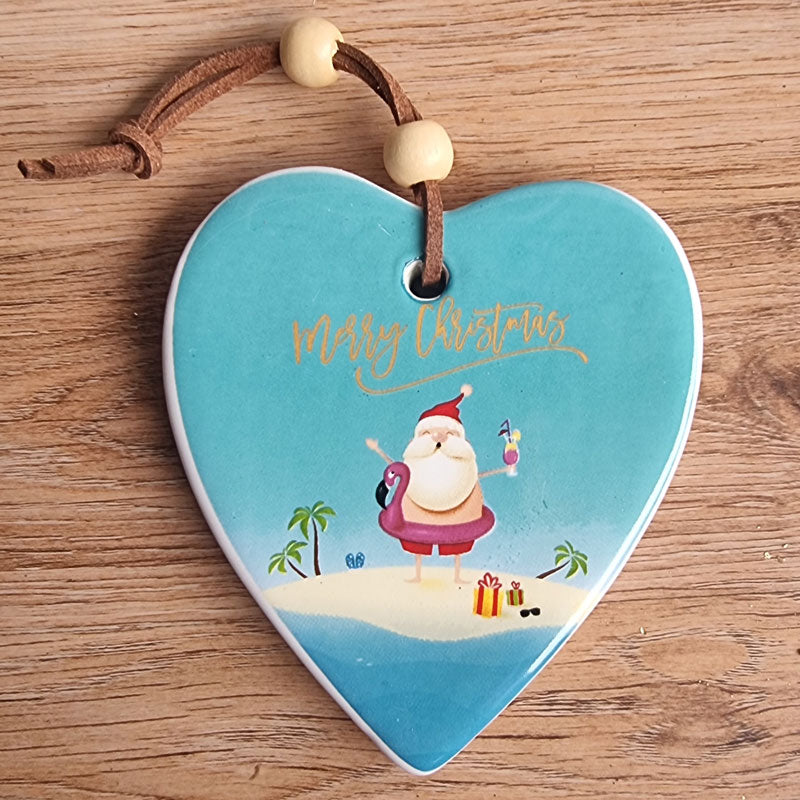 Santa Beach Paradise Merry Christmas Hanging Heart Ornament