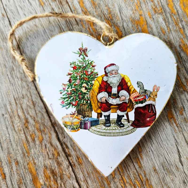 Father Christmas Metal Heart Ornament - Christmas Tree