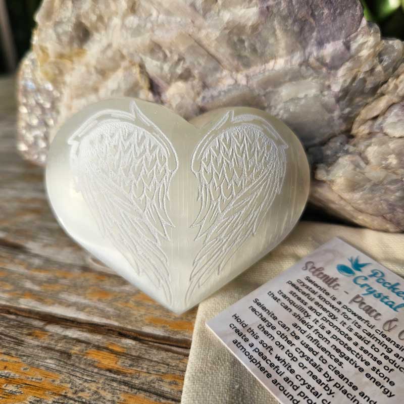 Selenite Pocket Crystal Angel Wings Heart - Peace & Calm
