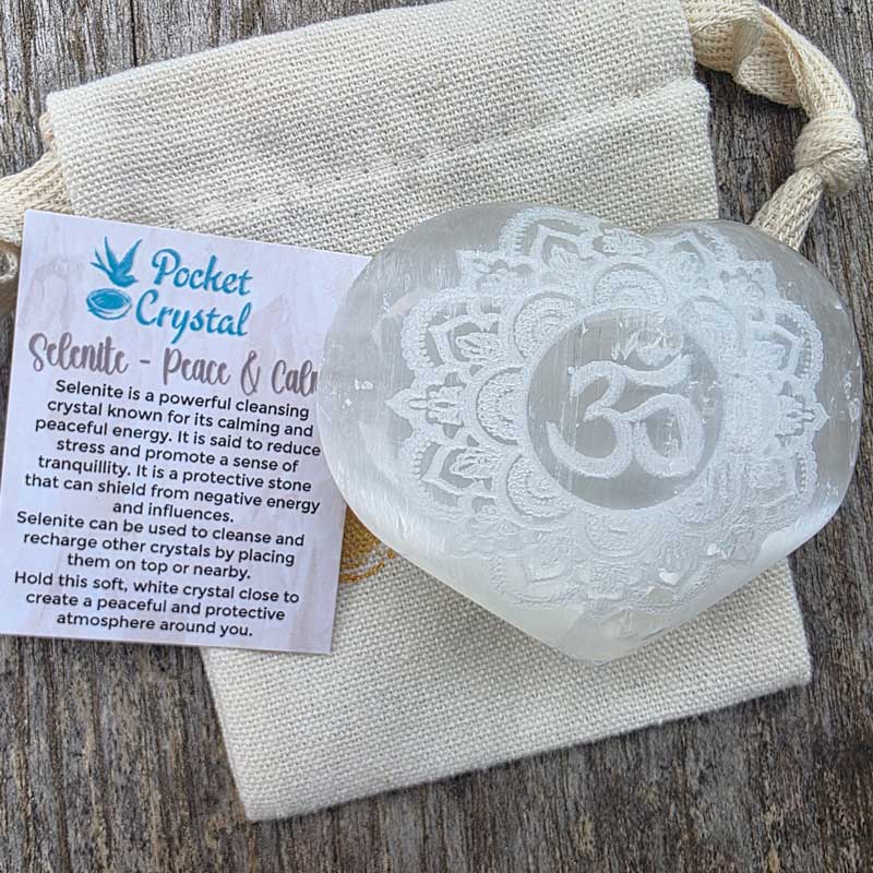 Selenite Pocket Crystal Om Heart - Peace & Calm