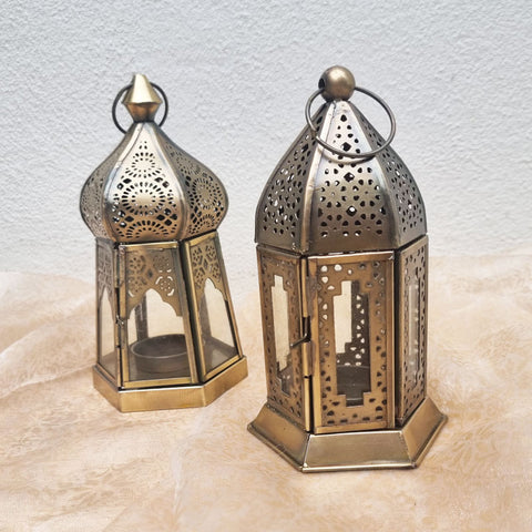 Set of 2 Antique Brass Lanterns - Clear