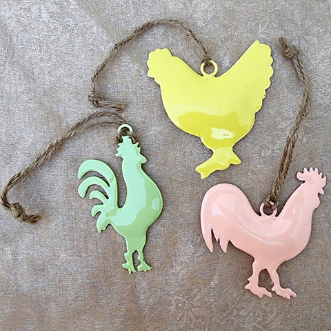 Set of 3 Metal Chickens Hanging Ornaments - Green, Peach & Yellow