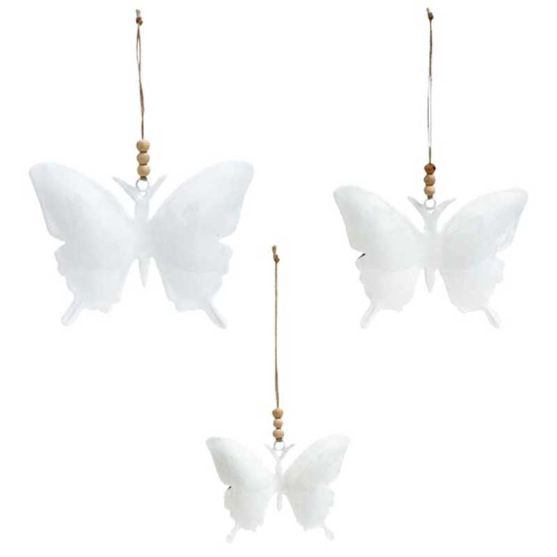 Set of 3 Metal Butterfly Hanging Ornaments - White