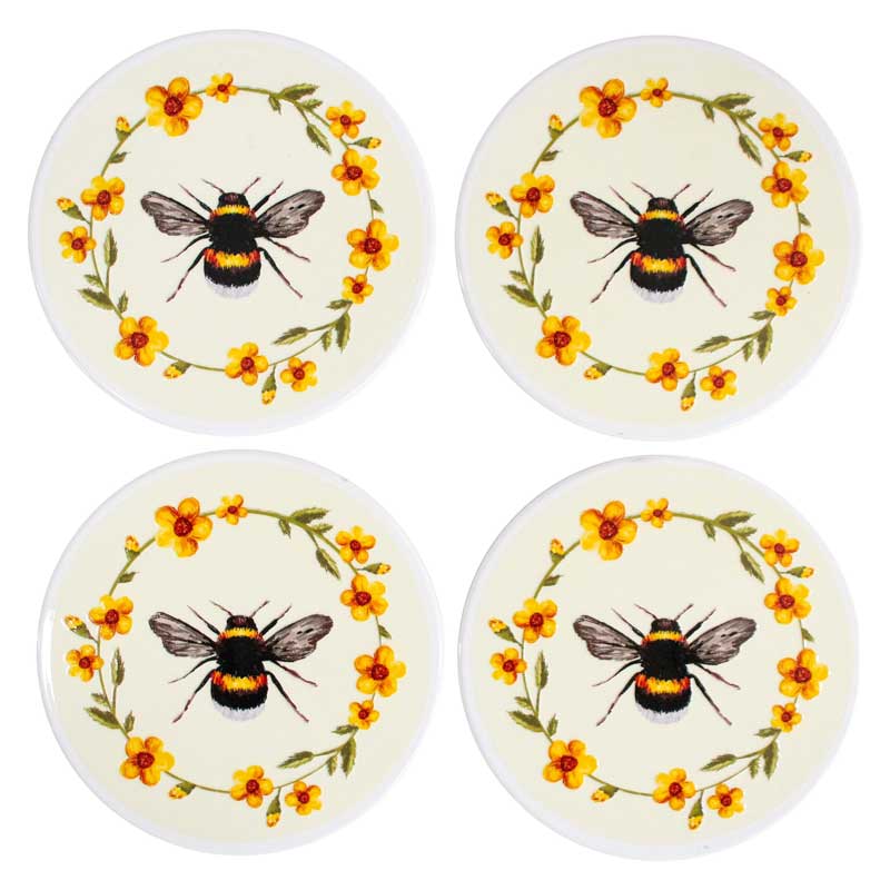 Set of 4 Bee Coasters - Floral Wreath