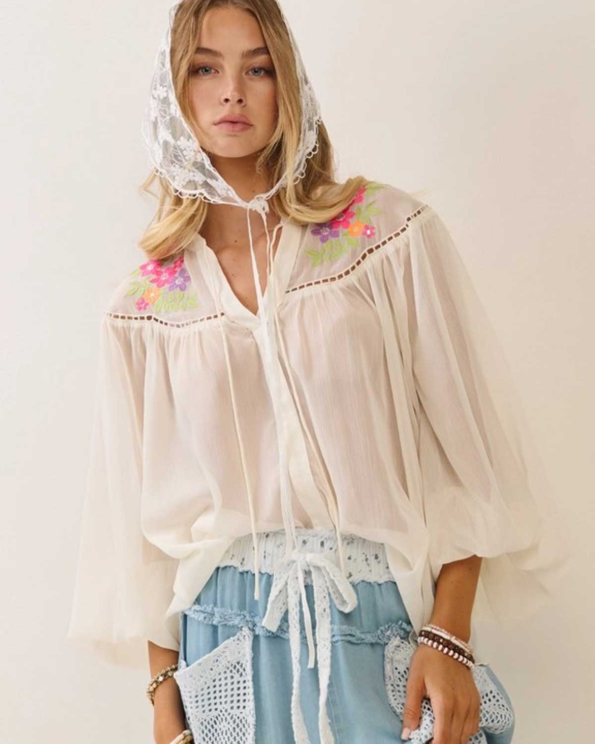 Marielle Embroidered Sheer Yoke Blouse – Ivory