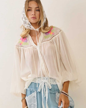 Marielle Embroidered Sheer Yoke Blouse – Cream