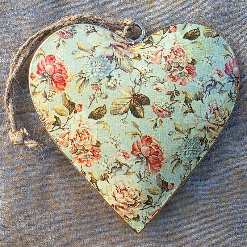 Vintage Green Floral Metal Heart Ornament